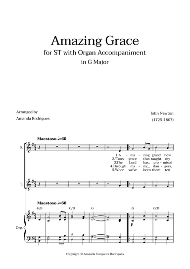 Amazing Grace in G Major - Soprano and Tenor with Organ Accompaniment and Chords