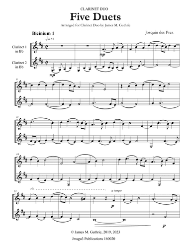 Josquin: Five Duets for Clarinet Duo