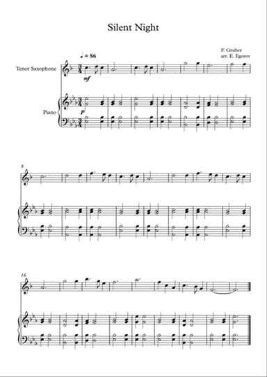 Silent Night, Franz Xaver Gruber, For Tenor Saxophone & Piano