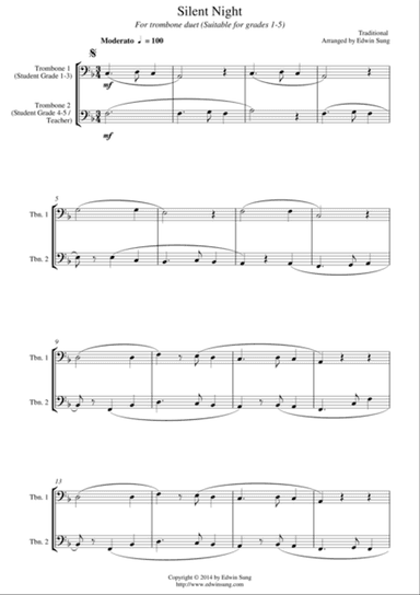 Silent Night (for trombone duet, suitable for grades 1-5)