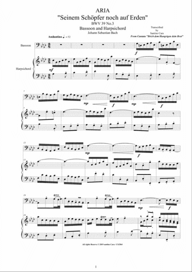 Bach - Aria (Seinem Schöpfer noch auf Erden) BWV 39 No.3 for Bassoon and Harpsichord
