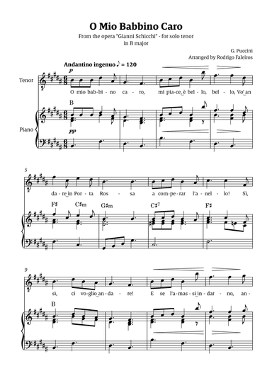 O Mio Babbino Caro - for tenor (in B major)