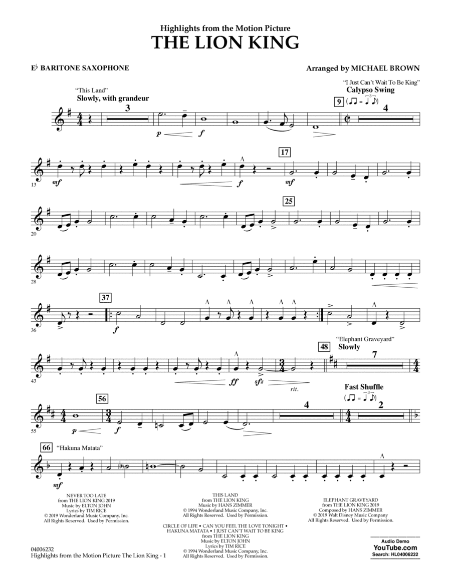 The Lion King (2019) (Highlights from the Motion Picture) - Eb Baritone Saxophone