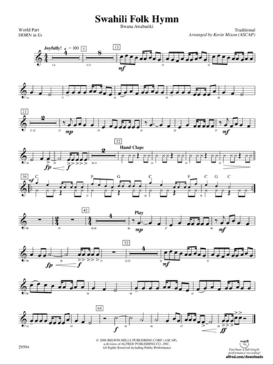 Swahili Folk Hymn (Bwana Awabariki): (wp) 1st Horn in E-flat