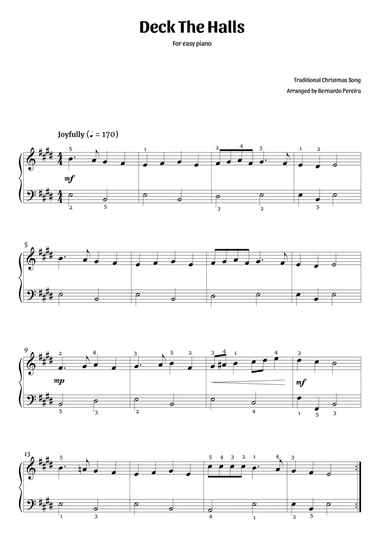 Deck The Halls (easy piano – E major)