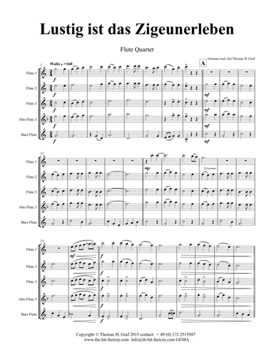 Lustig ist das Zigeunerleben - German Folk Song Waltz October Fest - Flute Quartet