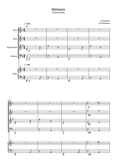 Habanera - Carmen - Georges Bizet, for Woodwind Quartet with piano and chords in a easy version.