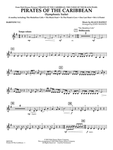 Pirates Of The Caribbean (Symphonic Suite) (arr. John Wasson) - Baritone T.C.