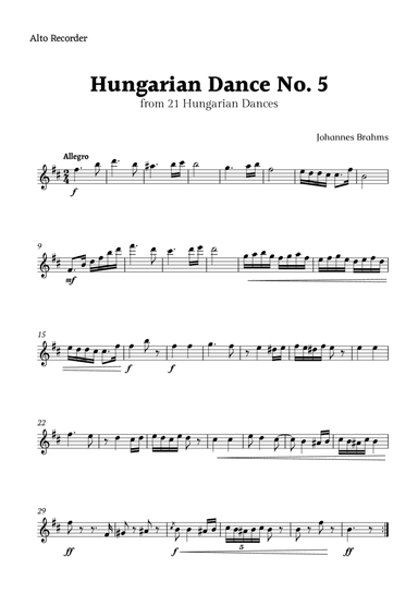 Hungarian Dance No. 5 by Brahms for Alto Recorder Solo