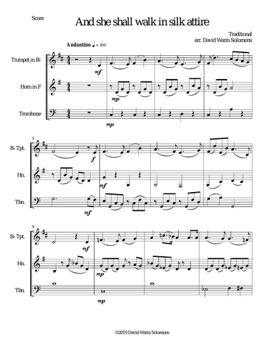 She shall walk in silk attire for brass trio (trumpet, horn, trombone)
