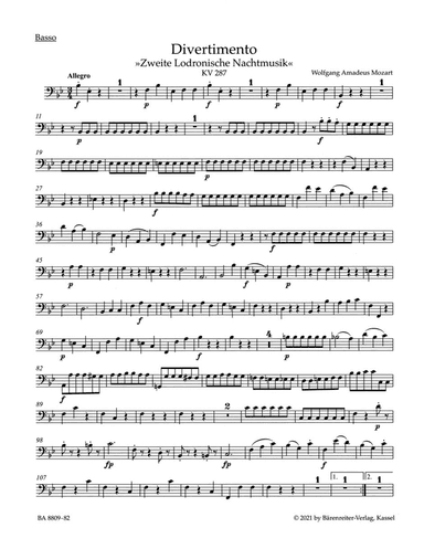 Divertimento for two Horns, two Violins, Viola and Bass in B-flat major K. 287 (271b, 271 H) "Zweite Lodronische Nachtmusik"