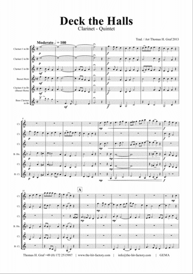 Deck the halls - Christmas Carol - Polyphonic - Clarinet Quintet