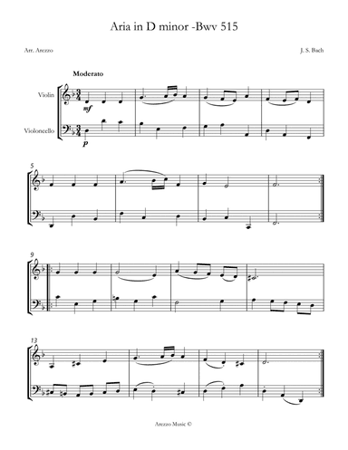 Aria D minor BWV 515 Violin and Cello Sheet Music