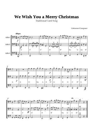 We Wish you a Merry Christmas for Cello Trio with Chords