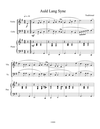 Auld Lang Syne (violin and cello duet) with optional piano accompaniment