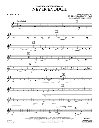 Never Enough (from The Greatest Showman) (arr. Johnnie Vinson) - Bb Clarinet 3