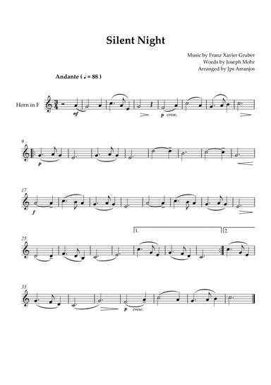 Silent Night For Horn in F Solo