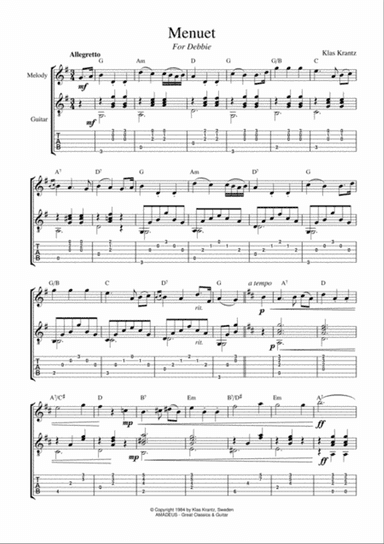 Menuet for Debbie for flute/violin and guitar (TAB)