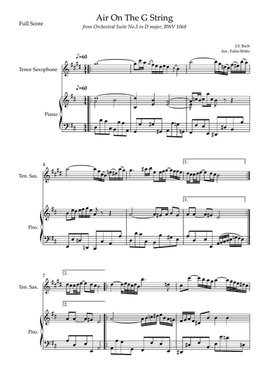Air On The G String (J.S. Bach) for Tenor Saxophone Solo and Piano Accompaniment