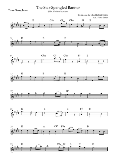 The Star Spangled Banner (USA National Anthem) for Tenor Saxophone Solo with Chords (D Major)