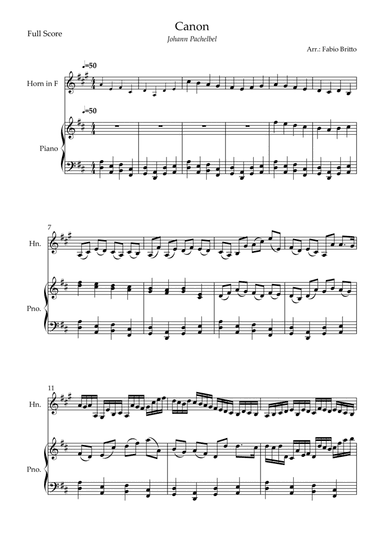 Canon - Johann Pachelbel (Wedding/Reduced Version) for Horn in F Solo and Piano Accompaniment
