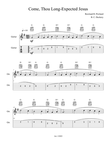 Come, Thou Long-Expected Jesus (Guitar Solo or Duet with TAB)