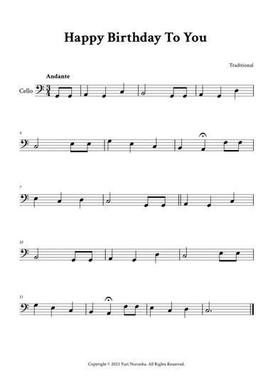 Happy Birthday To You - Cello in C
