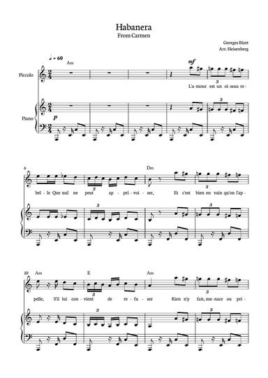 Habanera from Carmen for Piccolo with piano and chords.