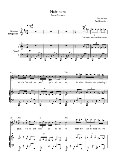 Habanera from Carmen for soprano Saxophone with piano and chords.