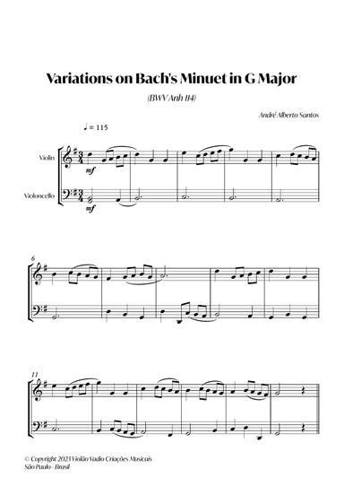 4 Variations on Minuet in G Major (BWV 114) - (J. S. Bach) - For Intermediate violin and cello