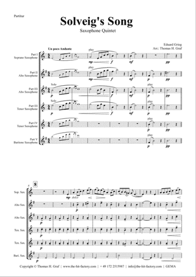 Solveig's Song - from Peer Gynt Suite - Saxophone Quintet