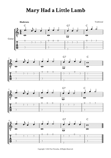 Mary Had a Little Lamb - Fingerstyle Guitar (with TAB, Chords)