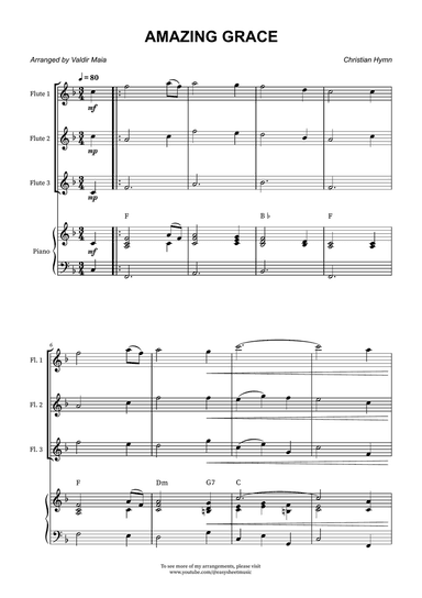 Amazing Grace - Flute Trio with Piano Accompaniment and Chord Symbols