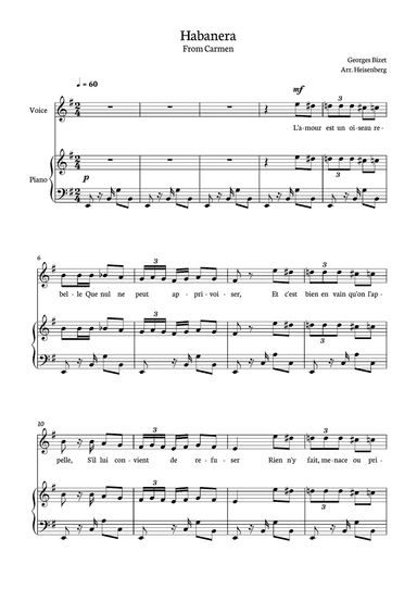 Habanera - Carmen for piano and voice in E minor.