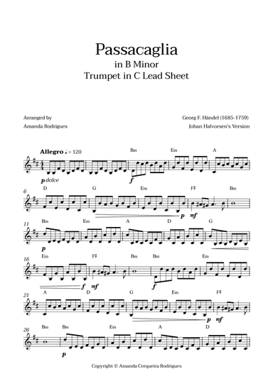 Passacaglia - Easy Trumpet in C Lead Sheet in Bm Minor (Johan Halvorsen's Version)