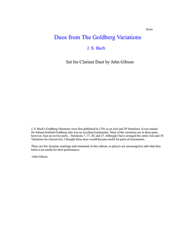 J. S. Bach Duos from The Goldberg Variations set for Clarinet Duet