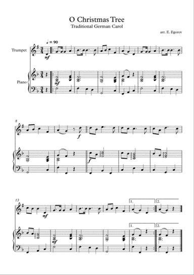 O Christmas Tree, Traditional German Carol, For Trumpet & Piano