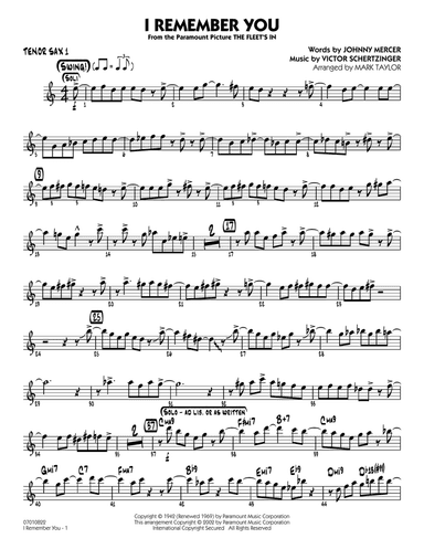 I Remember You (arr. Mark Taylor) - Tenor Sax 1