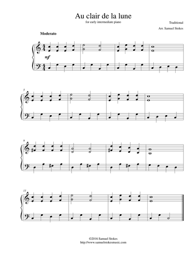 Au clair de la lune - for early intermediate piano