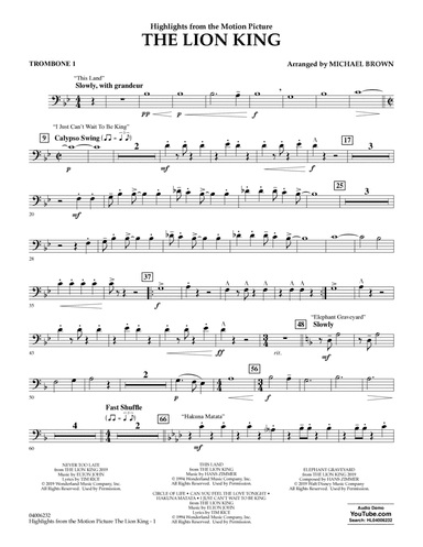 The Lion King (2019) (Highlights from the Motion Picture) - Trombone 1