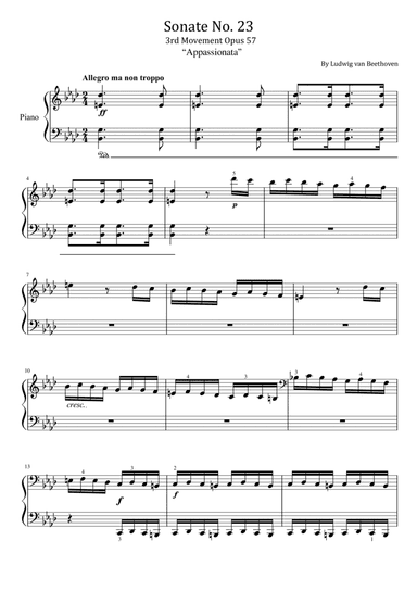 Beethoven Sonate No. 23 - “Appassionata” - 3rd Movement, Op. 57 - Original With Fingered