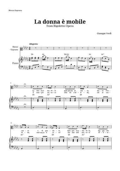 La donna è mobile in D-flat major for Mezzo Soprano and Piano