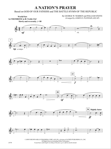 A Nation's Prayer (Based on "God of Our Fathers" and "The Battle Hymn of the Republic"): (wp) 1st B-flat Trombone T.C.