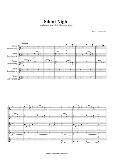 Silent Night by Franz Gruber for Tenor Sax Quintet