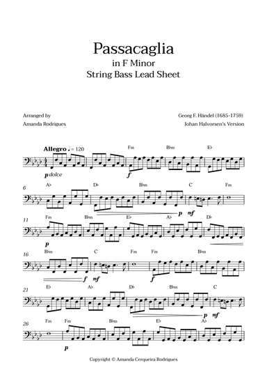 Passacaglia - Easy String Bass Lead Sheet in Fm Minor (Johan Halvorsen's Version)