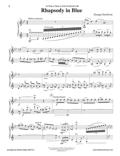 Rhapsody in Blue for Flute or Oboe or Violin & Clarinet Duet - Music for Two