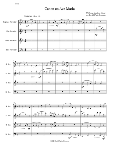 Canon on Ave Maria for recorder quartet