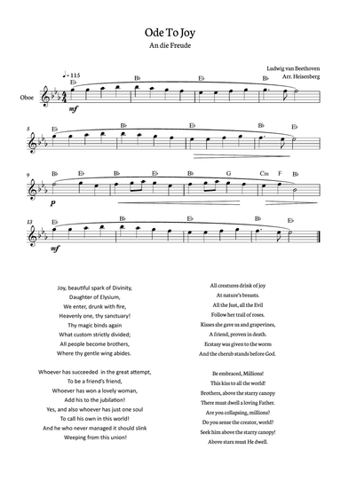 Beethoven - Ode To Joy for oboe in Eb with chords