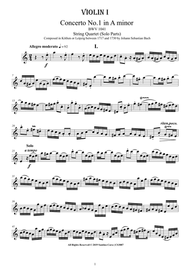 Bach - Concerto No.1 in A minor BWV 1041 for String Quartet - Complete Parts