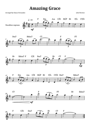 Amazing Grace - Soprano Saxophone Solo with Chord Notation